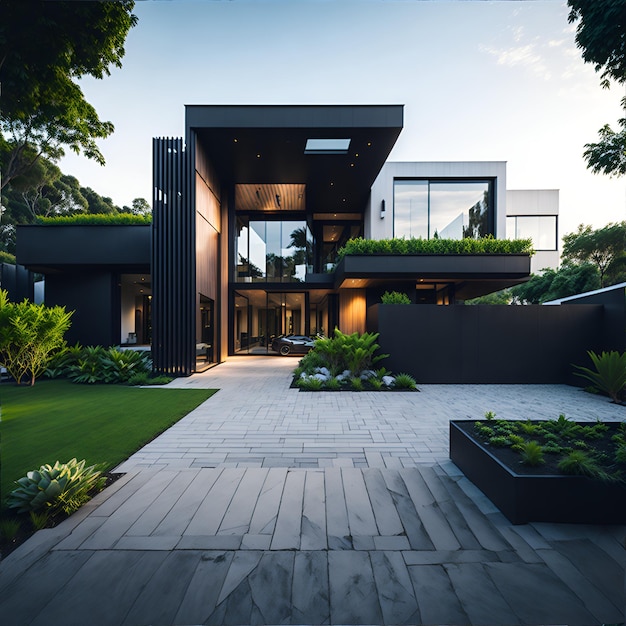 Photo of a contemporary house with a beautiful walkway leading to the entrance