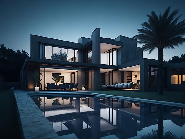 Photo Contemporary House with Nighttime Pool View