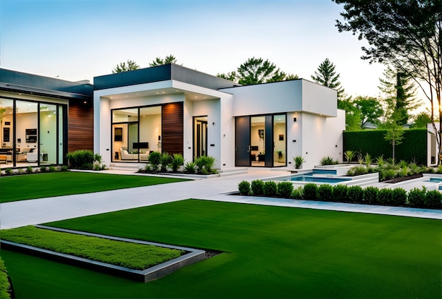 Photo of a contemporary house with a stunning pool in the front yard