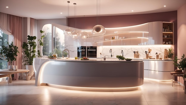 Photo of a contemporary kitchen with a sleek curved countertop design Ai Generated