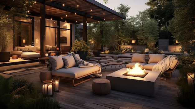 A Photo of a Contemporary Outdoor Patio with a Fire Pit and Cozy Seating