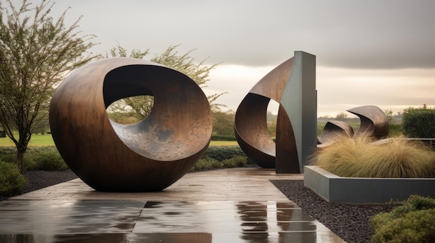 A photo of a contemporary outdoor sculpture garden overcast sky