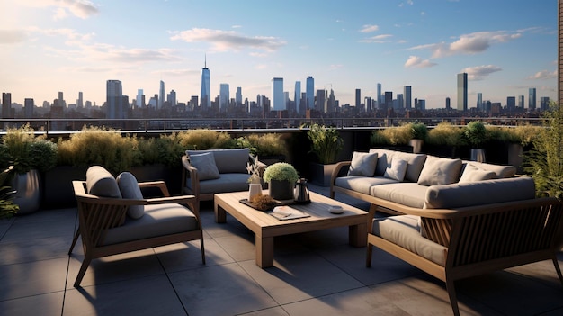 A Photo of a Contemporary Rooftop Terrace with Outdoor Seating and City Views