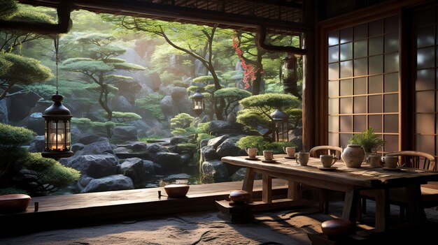 A photo of a contemporary tea house with serene ambia