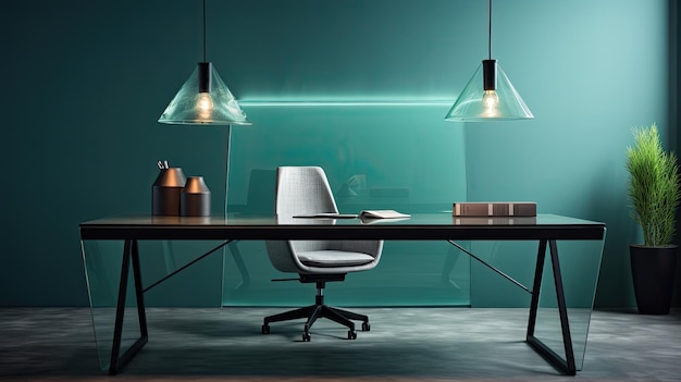 Фото современного рабочего пространства с стеклянным столом и современным декором