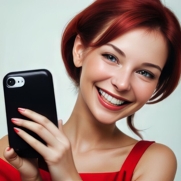 Photo photo content beautiful woman with charming smile laughs holds red mobile phone