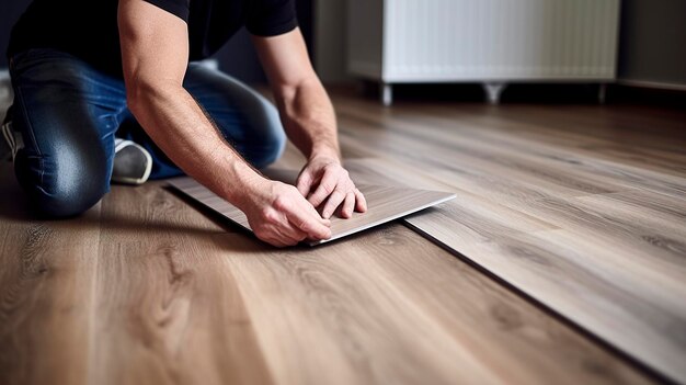 Photo a photo of a contractor installing hardwood flooring