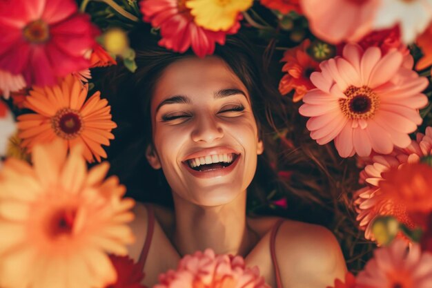 Foto la foto trasmette l'umore estivo una giovane e bella donna ride nei fiori nel prato estivo stile di vita