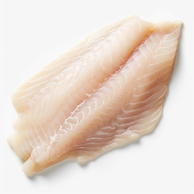 photo of cooked white fish meat on a white background