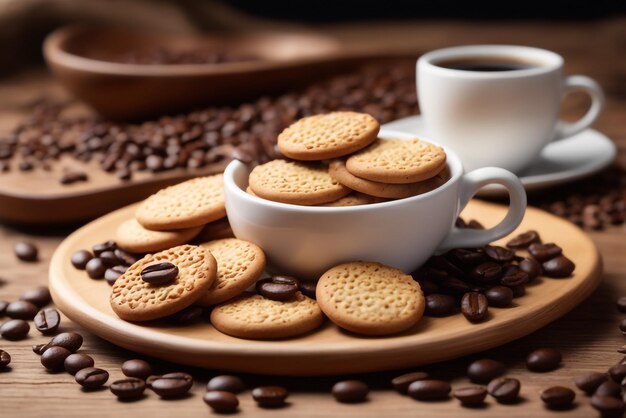 Photo photo cookies with coffee cup beans placed on a wooden plate high quality background