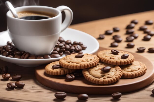 Photo photo cookies with coffee cup beans placed on a wooden plate high quality background