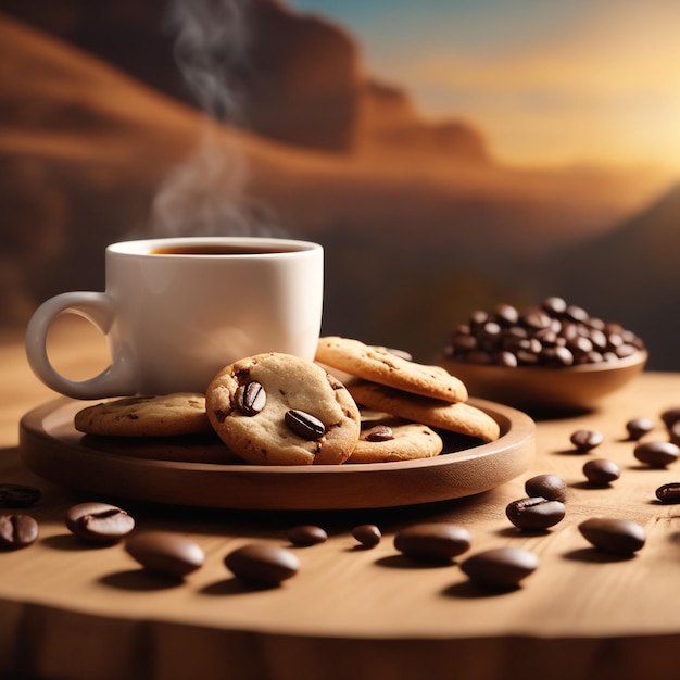 Photo cookies with coffee cup beans placed on a wooden plate high quality background