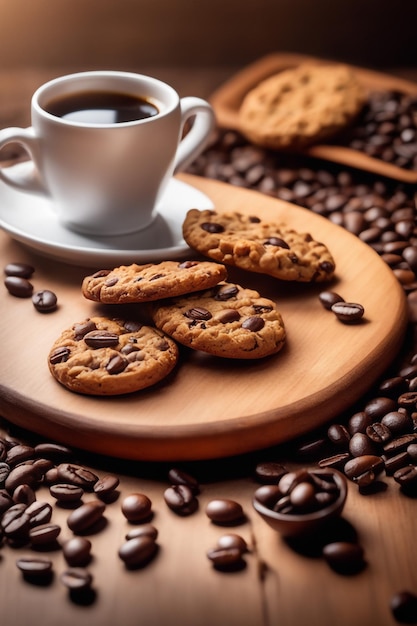 Photo photo cookies with coffee cup beans placed on a wooden plate high quality background