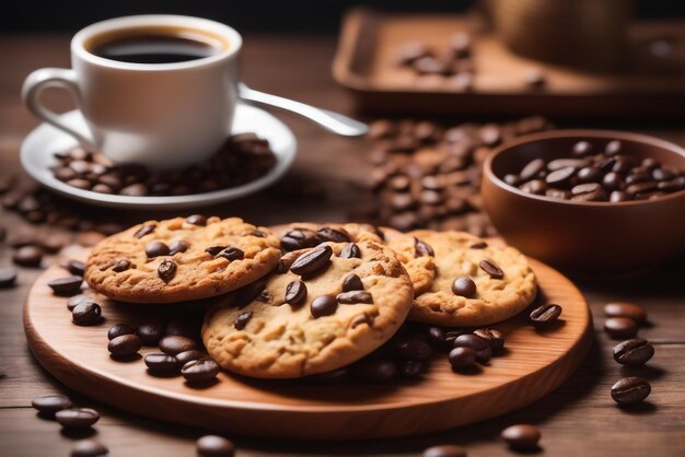 Photo photo cookies with coffee cup beans placed on a wooden plate high quality background