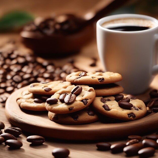 photo cookies with coffee cup beans placed on a wooden plate high quality background