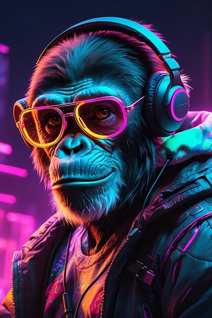 Photo cool neon party dj monkey in headphones and sunglasses 3d illustration