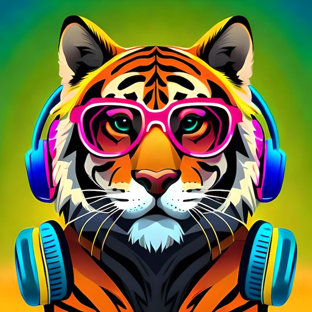 Photo cool neon party tiger in headphones and sunglasses not based on any actual