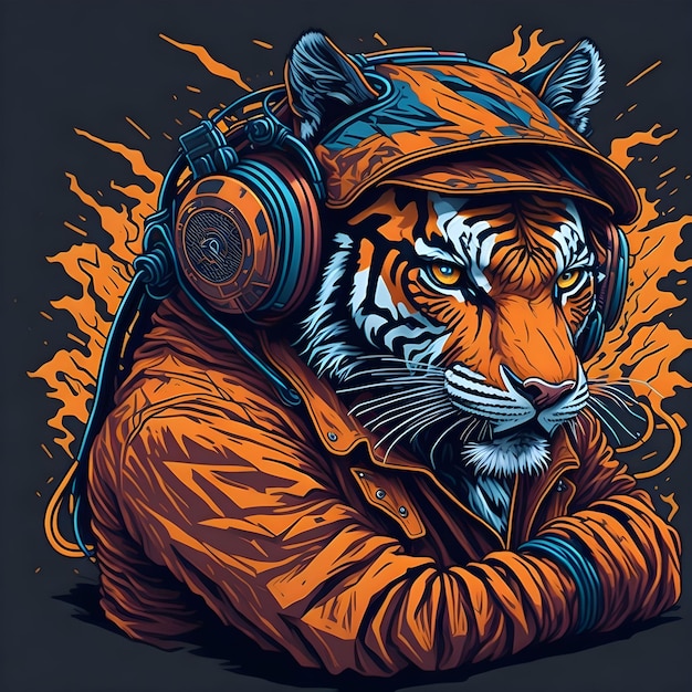 Photo of cool neon party tiger wearing headphones wild tiger vector