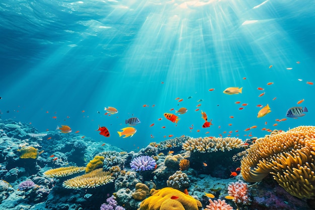 写真 珊瑚礁と魚 青い海の水中シーン