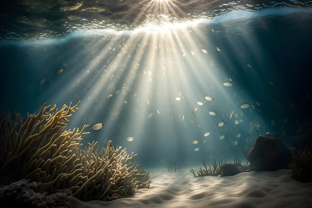 A photo of a coral reef with a fish swimming below it.