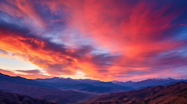 A photo of a coralcolored sunset sky over a mountain range warm orange and pink hues