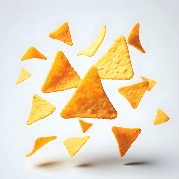 photo Corn chips of triangular shape levitate on a white background