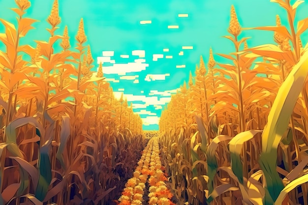 Photo corn field in clear day corn tree at farm land with blue cloudy sky AI Generated