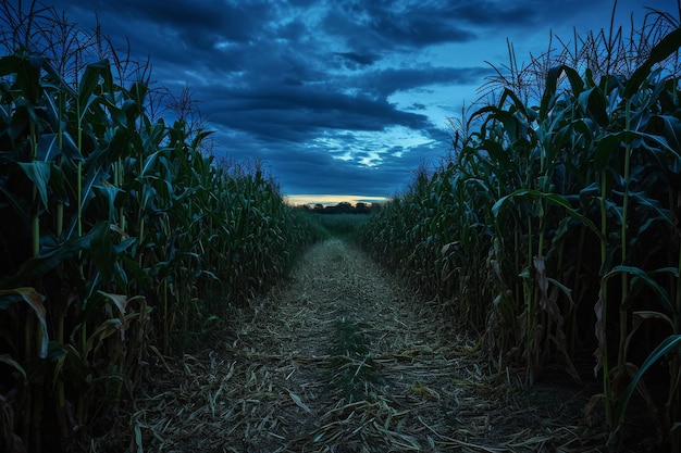 A photo of a corn field under a dark sky showcasing the contrast between the crops and the ominous weather Corn maze under the indigo twilight AI Generated