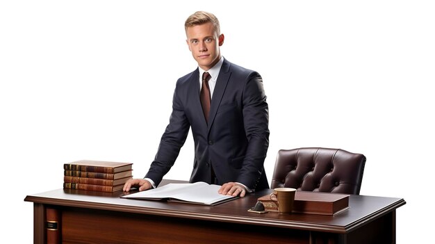 A photo of a corporate attorney at a desk