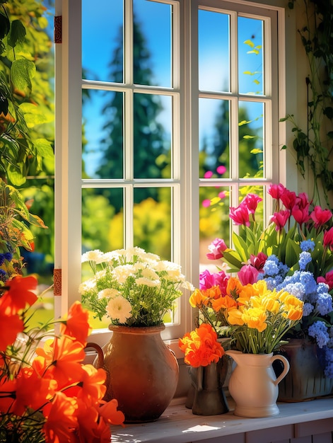 Фото коттеджного сада с разнообразными цветущими цветами, обеспечивающими красивый пейзаж снаружи
