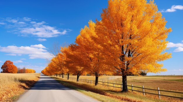 A photo of a country road lined with autumn trees clear blue sky