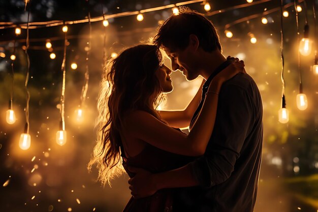 Photo of couple dancing under string lights