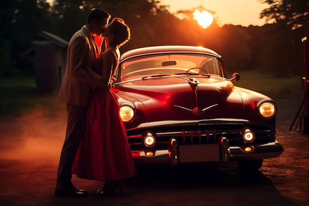 Foto foto di una coppia in un drive-in con una tenda di cuori