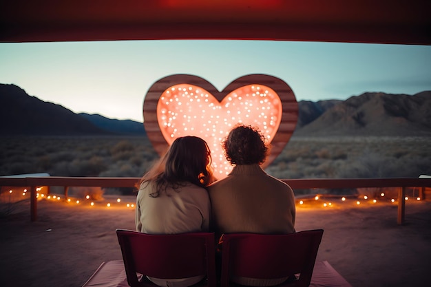 Foto foto di una coppia in un drive-in con una tenda di cuori