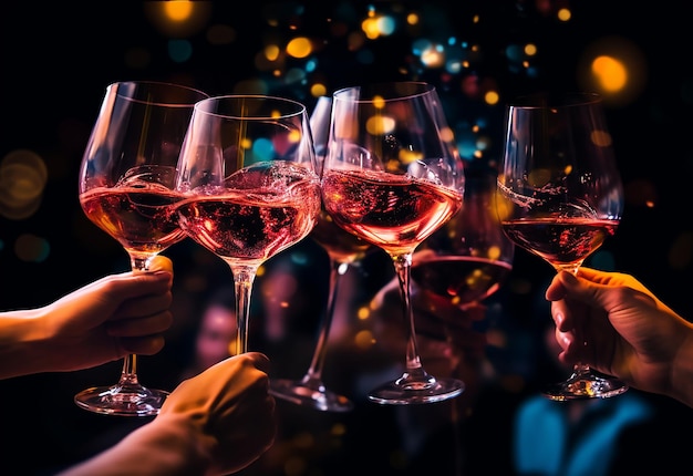 Photo of couple hands holding wine glasses in evening nature