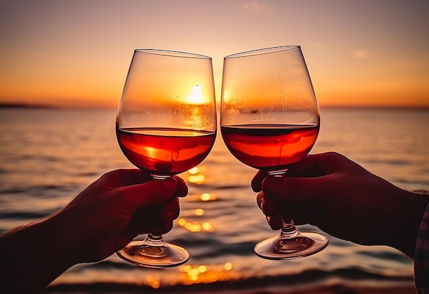 Photo of couple hands holding wine glasses in evening nature