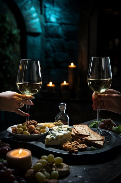 Foto foto di una coppia con le mani che tengono bicchieri di vino