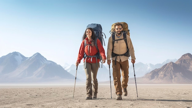 バックパックを背負ってハイキングしているカップルの写真