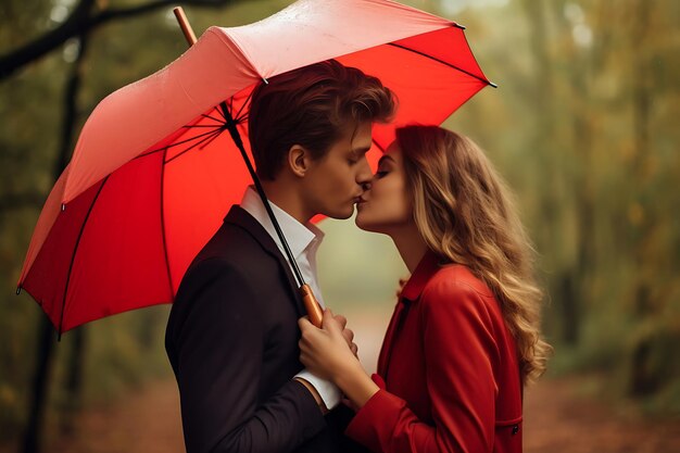 Photo of couple kissing behind a red umbrella valentines day