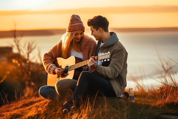 Photo of Couple Playing Guitar Together