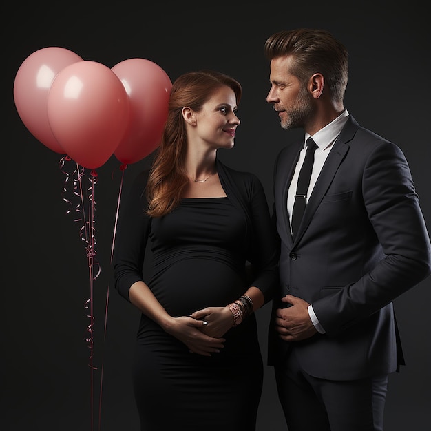 a photo of a couple and a pregnant woman with balloons and a man in a suit