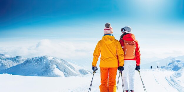 Photo of a couple skiing seen from behind