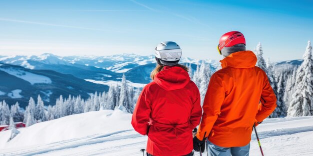 Photo of a couple skiing seen from behind