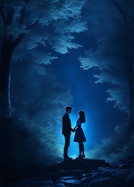 Photo of a couple standing in a mysterious forest at night