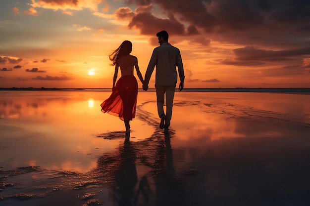 太陽の光で荒れ果てたビーチを歩いているカップルの写真
