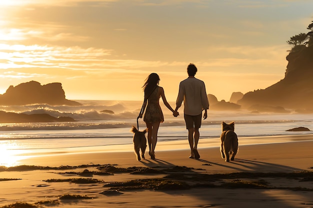 Photo of couple walking their dog along the shoreline