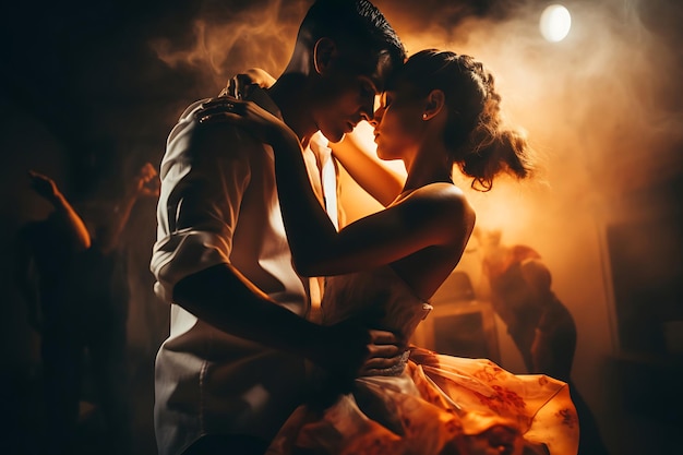 Фото пары, танцующей в тускло освещенной комнате