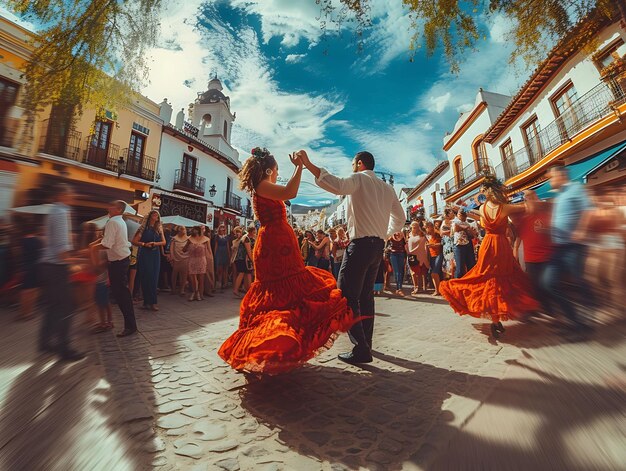 Фото пар, танцующих на летнем уличном фестивале в Испании с концепцией праздничного фестиваля Vi