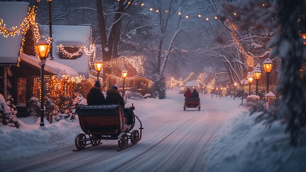 Photo photo of couples enjoying a romantic sleigh ride through a snow cover festival holiday concept