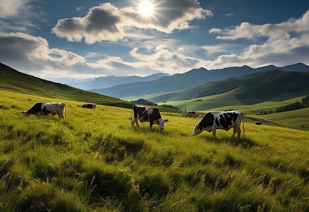 Photo of cow standing cow gazing on green meadows green field